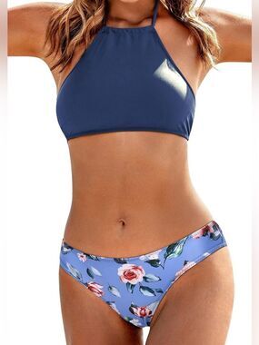 Ekouaer Swimwear High Neck Halter Bikini Set Full Coverage Blue Rose M NWT